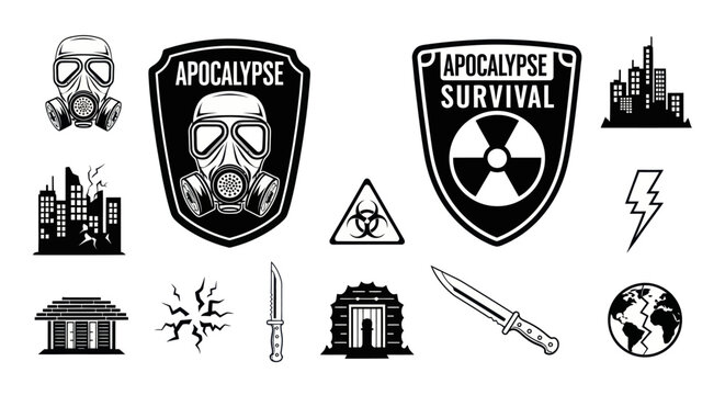 Apocalypse Survival Icons: Gas Mask, Biohazard, Knife, Ruined City, Earth