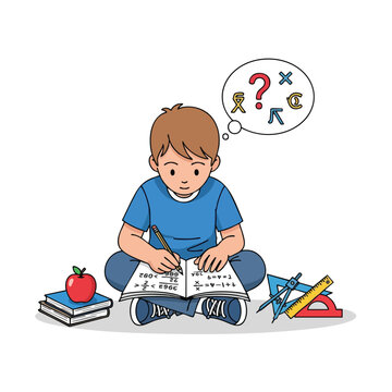 Young boy sitting cross-legged, doing math homework with symbols in his thought bubble