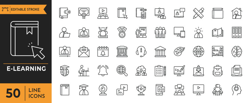 E-learning outline icon set. Editable stroke. Vector Illustration
