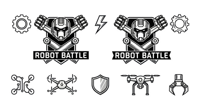 Robot Battle Icons and Logos - Technology  Sci-Fi Black  White Line Art