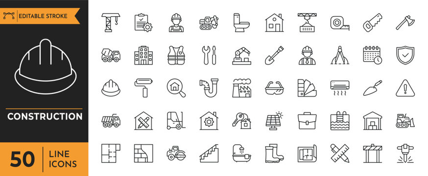 Construction outline icon set. Editable stroke. Vector illustration