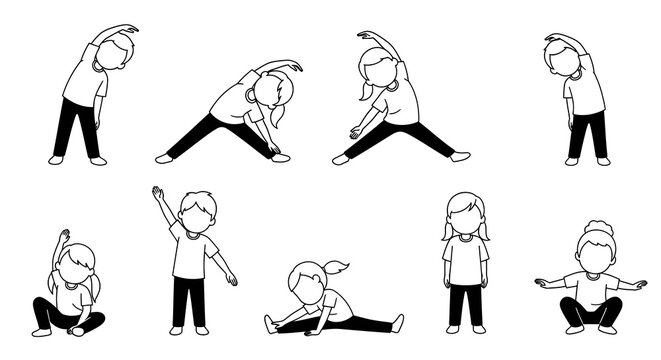 Children Stretching: Black and White Line Art Vector for Fitness and Health