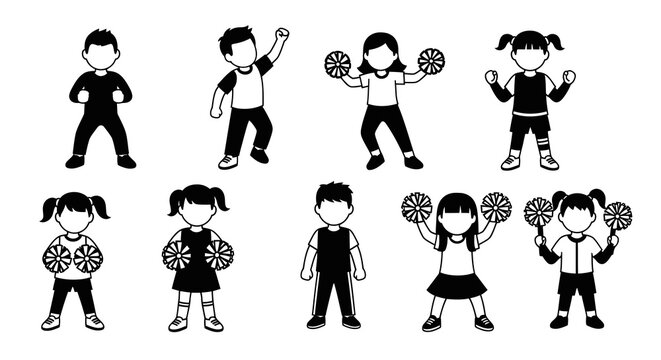 Cheerful Kids Vector Art - Children Posing with Pom Poms, Black and White Icons