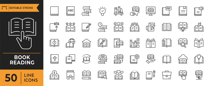 Book Reading Outline icon set. Editable stroke. Vector illustration