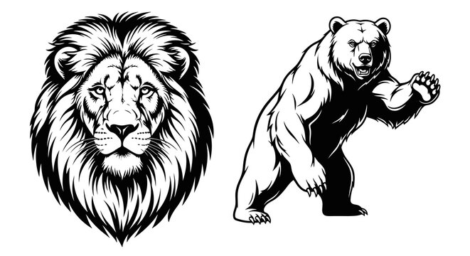 Black and white line art of a lion and bear, vector illustration