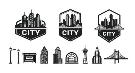 Obraz premium Cityscape Icons and Symbols, Urban Architecture Black and White Vector Graphics