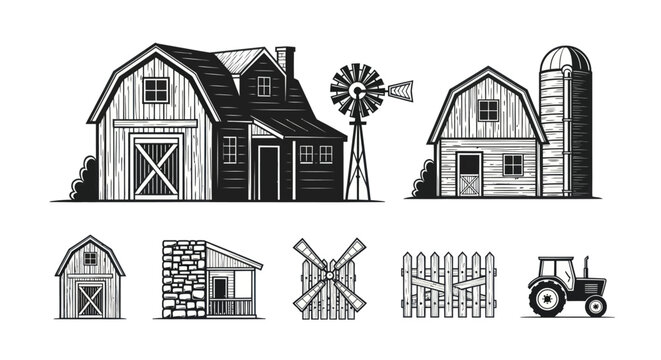 Black and White Line Art Farm Buildings and Tractor Vector Collection