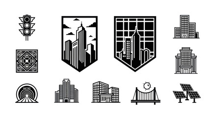 Naklejka premium Cityscape Icons: Buildings, Traffic Light, Bridge, Solar Panels