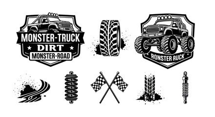 Obraz premium Black and White Vector Icons of Monster Trucks, Tires, and Racing Flags