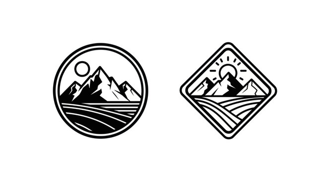 Mountain Landscape Logo, Circle and Diamond Shapes, Black and White Line Art