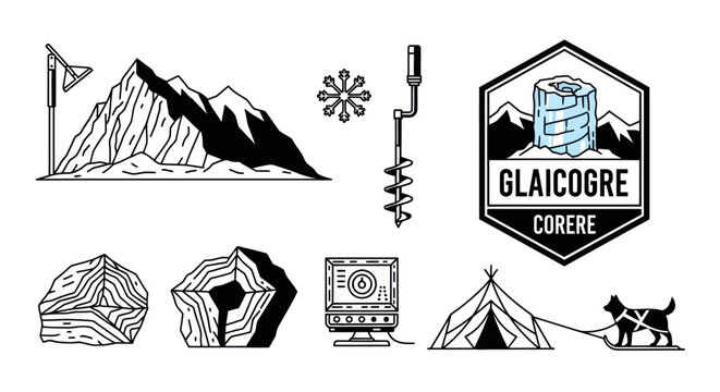 Black and White Line Art Icons of Ice Core Sample, Mountains, and Arctic Equipment