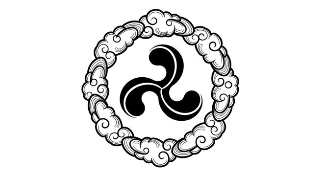 Black triskelion symbol with a decorative circular cloud border, rendered in a traditional illustrative style.