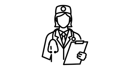 Obraz premium Black and white illustration of a doctor holding a clipboard, wearing a stethoscope and cap, simple line art on white background