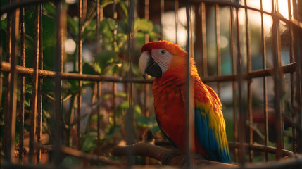 Obraz premium Red macaw parrot in cage: colorful bird pet photography and exotic animal wildlife species conservation image