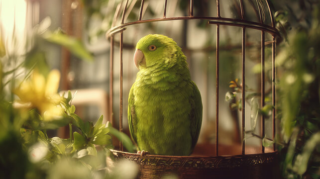 Green parrot in cage pet bird photography exotic birdcage nature scene avian wildlife tropical bird animal