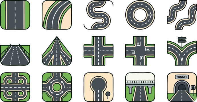 Road and Highway Map Icons Set (15) &mdash; Vector Flat Navigation Symbols with Intersections, Roundabout, Interchange, Overpass and Tunnel