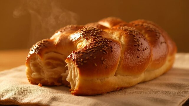 Warm, fresh baked golden brown braided bread loaf, rustic linen cloth backdrop. Steaming, fragrant, adorned with sesame seeds, evoking delicious comfort, artisanal texture for any traditional meal