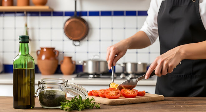 A cook in a black apron uses large spoons to toss sliced tomatoes on a wooden cutting board