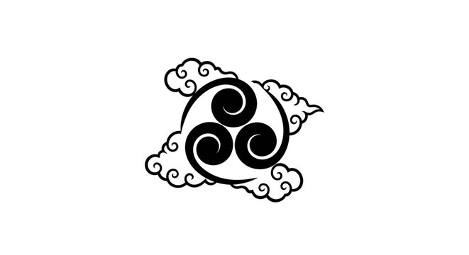 A black triple tomoe symbol, or mitsudomoe, encircled by stylized clouds, set against a plain white background.