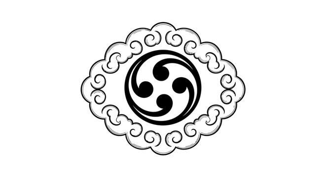 A black and white illustration of a traditional Japanese kamon crest with swirling comma shapes inside an ornate frame.