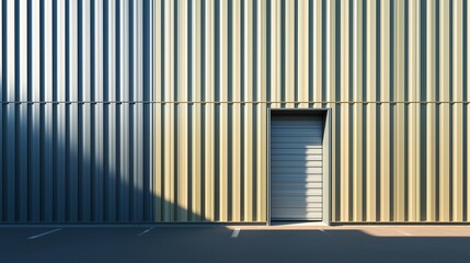Obraz premium Steel wall with a door and shadows at an industrial site in the afternoon light