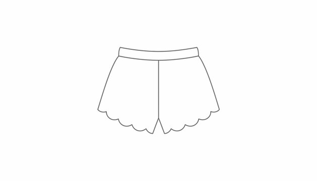 Simple Line Drawing of Scalloped Hem Shorts on White Background