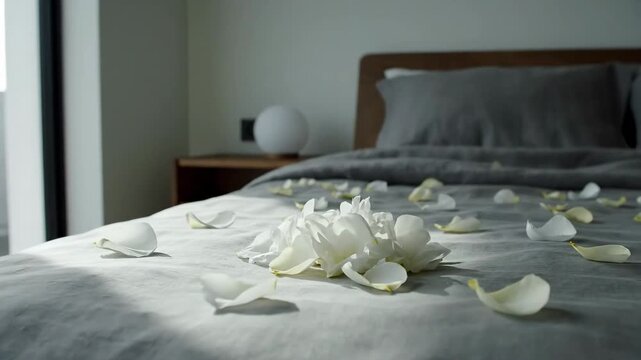 Romantic bedroom with white rose petals on a modern grey bed