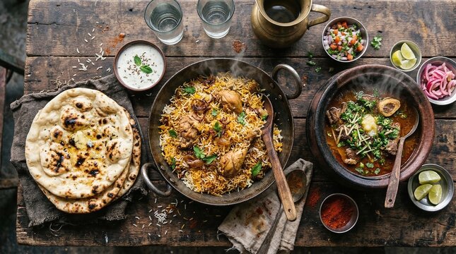 Authentic Pakistani Street Food Flat Lay with Biryani and Nihari