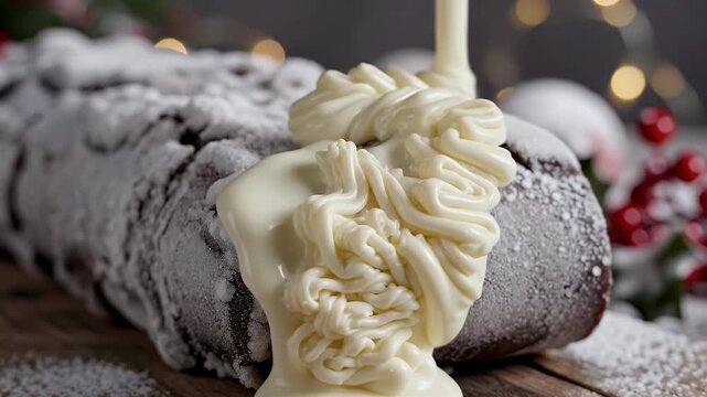 White chocolate drizzled over a festive powdered log cake