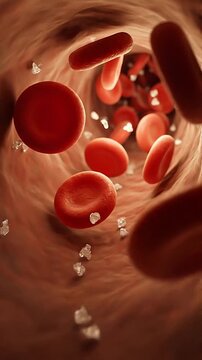 Bloodstream cortisol stress hormone concept with red blood cell flowing artery vessel with sugar crystal particle showing hormone action bloodstream medical blood cell vein artery design showing