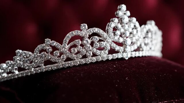 Elegant diamond tiara sparkling on luxurious red velvet cushion