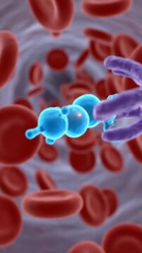 Cortisol stress hormone bloodstream concept medical illustration showing abstract hormone molecule flowing among red blood cell and receptor hand inside human blood vessel showcasing medical concept