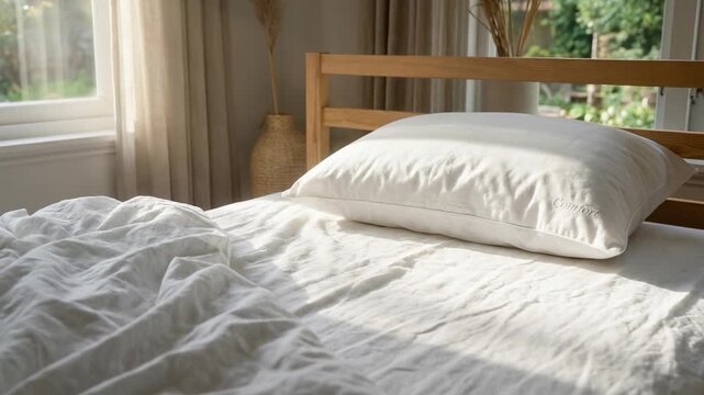 Bright bedroom with cozy white pillow, soft bedding, wooden bed frame, and gentle morning sunlight creating peaceful, relaxing atmosphere