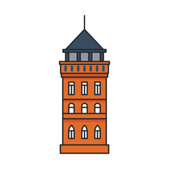 Naklejka premium Historic red brick watchtower with conical roof isolated on white background. Architectural landmark. Illustration.
