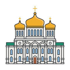 Fototapeta premium Orthodox cathedral with three golden domes and classical facade isolated on white background. Religious landmark architecture. Illustration.