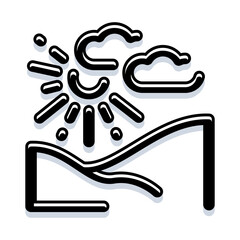 Obraz premium Bright sunny day icon showing sun and clouds above rolling hills, minimalist line art landscape for weather, forecast, app and ui use, clear sky and outdoors vibe