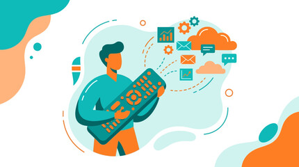 Obraz premium A Digital Marketer Using Giant Remote To Manage Cloud Data Email Chat Growth And Tools