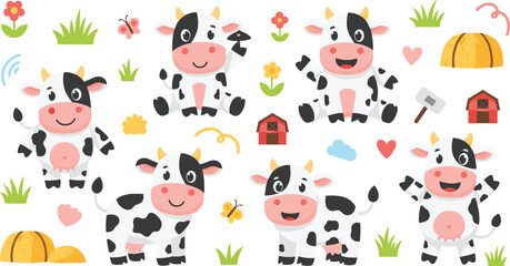Obraz premium Cute Cartoon Farm Cow Character Set with Happy Dairy Cattle, Barn, Pumpkin, Flowers, and Nature Elements for Kids Agriculture Illustration and Farm Design