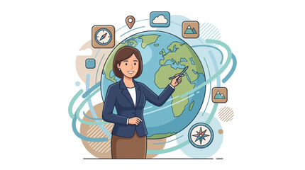 Fototapeta premium Female teacher pointing at globe map for geography education school learning travel and world study lesson