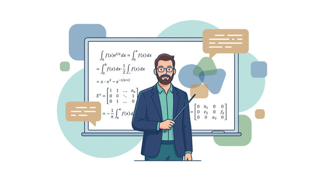 A professional male teacher with glasses standing in front of a digital whiteboard teaching complex mathematical equations and formulas