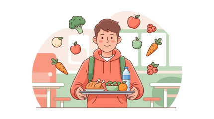 Fototapeta premium Student boy with tray meal food salad fruit water at school cafe hall area zone