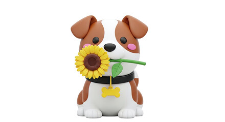 Fototapeta premium Cute cartoon dog with sunflower in mouth