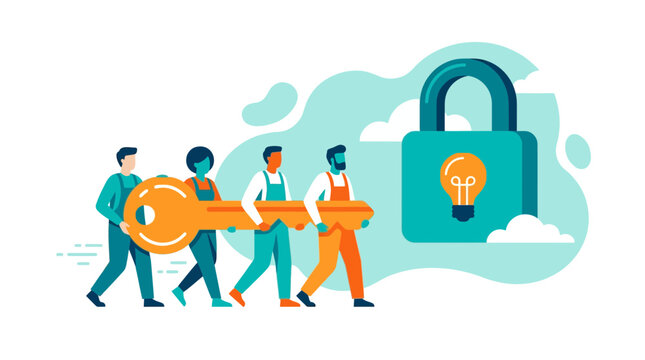 A team of four workers carry a big key to open the lock for a new idea