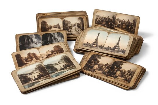 Vintage stereoscopic cards with antique photographs of landmarks and people