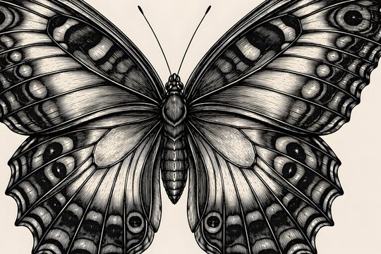 Detailed black and white butterfly illustration with intricate wing patterns and shading
