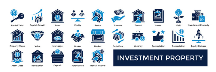 Investment Property icon set collection pack web banner. containing Rental Yield, Capital Growth, Asset, Equity, Rental, Income, Tenant