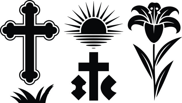 Christian religious vector set featuring a traditional cross with grass, a rising sun over a cross, and an Easter lily.
