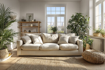 Fototapeta premium Bright beige sofa with cushions in Scandinavian living room filled with natural light, green plants, wooden shelf, and woven rug creating cozy and inviting atmosphere