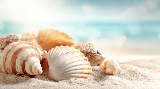 A collection of diverse seashells resting on soft sand with a blurred ocean and sky background, evoking a serene summer beach atmosphere.