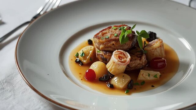 Seared scallop roulade with microgreen sauce plated gourmet seafood starter, elegant plating